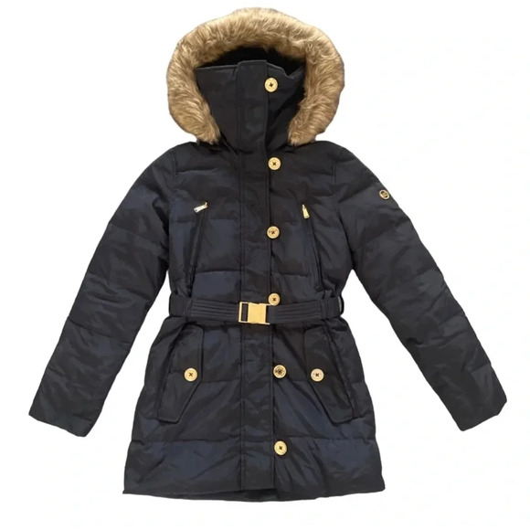 Michael Kors Longline Belted Puffer Coat Women’s XXS Navy Faux-Fur-Trim Jacket - Picture 2 of 16